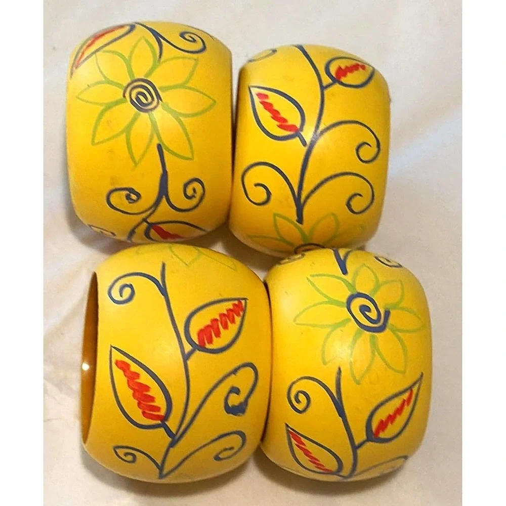 Wood Napkin Rings Set of 4 Yellow Hand Painted Floral Cottage Farmhouse